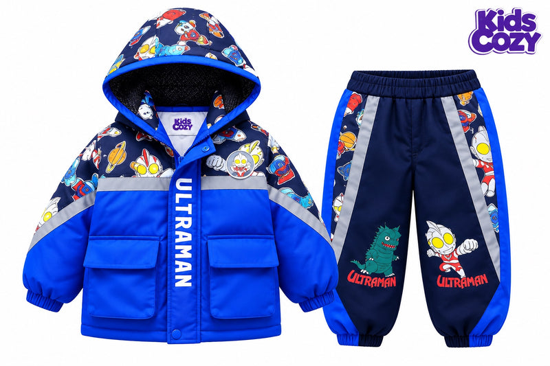 Kids Ultraman blue and navy winter hooded jacket and jogger set front view