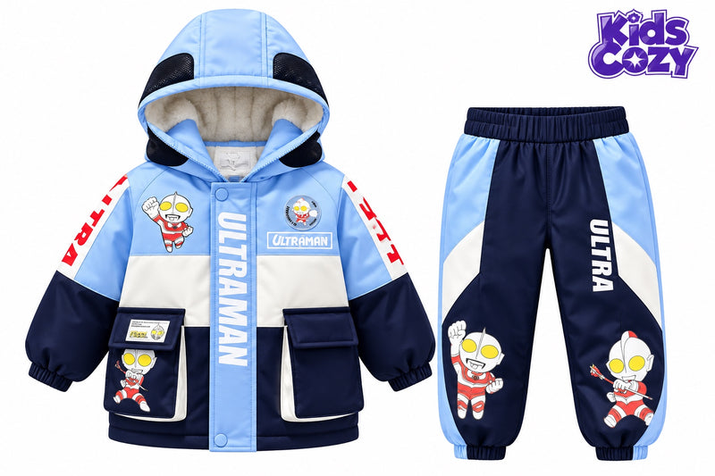 Kids Ultraman light blue and navy winter jacket and jogger set