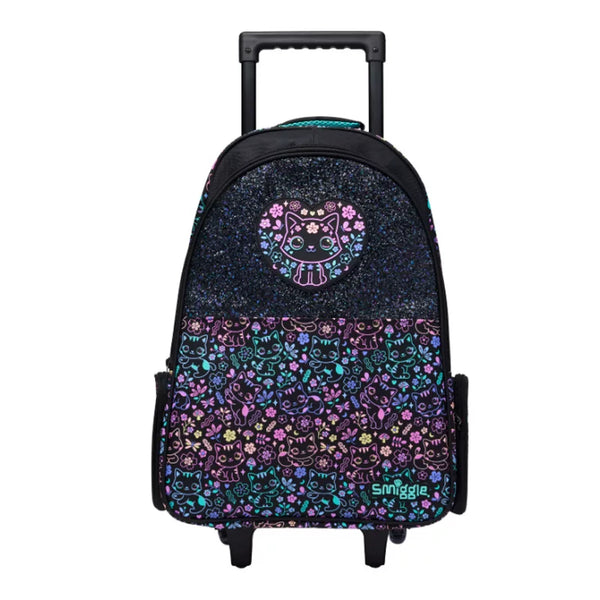 Kids Pre-order Trolley School Bag - Black Floral Cat