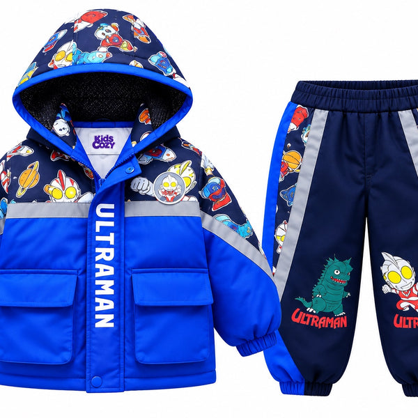 Kids Ultraman blue and navy winter hooded jacket and jogger set front view