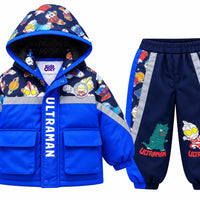 Kids Ultraman blue and navy winter hooded jacket and jogger set front view