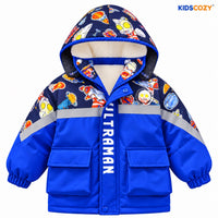 Kids Ultraman blue winter jacket fleece lining front view