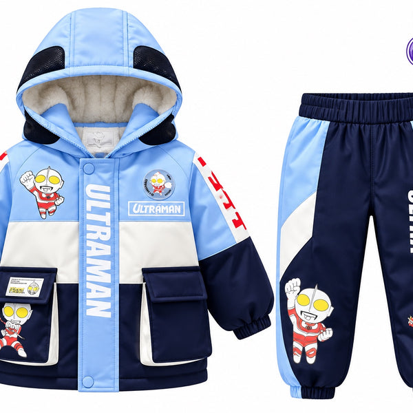 Kids Ultraman light blue and navy winter jacket and jogger set