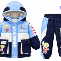 Kids Ultraman light blue and navy winter jacket and jogger set