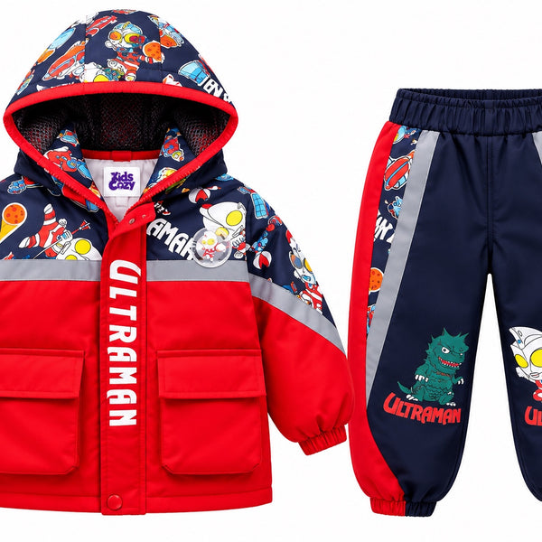 Kids Ultraman red and navy winter hooded jacket and jogger set front view