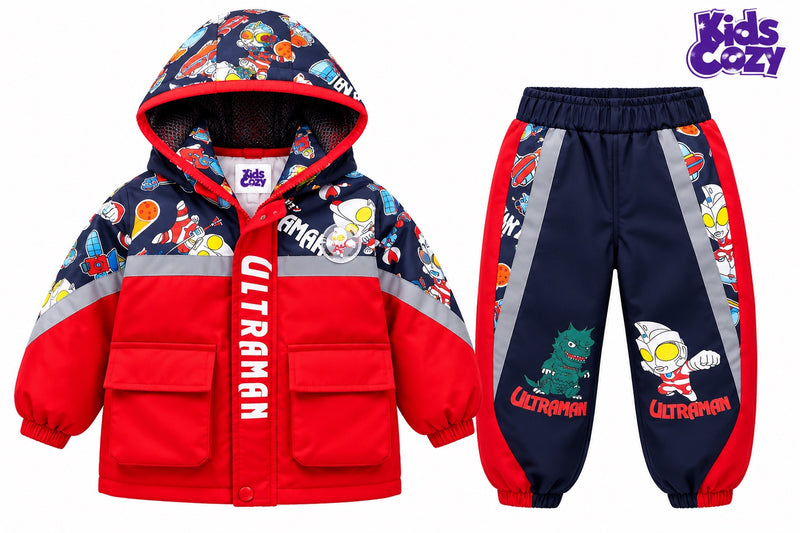 Kids Ultraman red and navy winter hooded jacket and jogger set front view