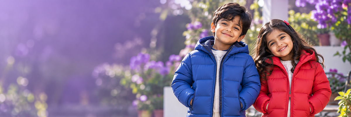 Illustrative winter campaign with two children in blue and red jackets