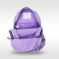 Smiggle Purple Backpack - Angle view with NAME tag